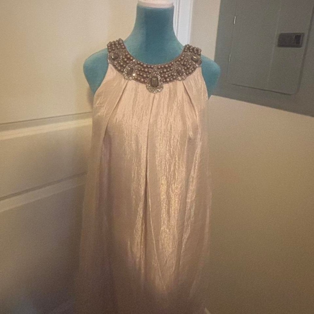 Elegant tan‎ dress beige, satin, evening, embellished neckline dress - Picture 7 of 7